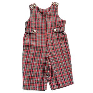 VINTAGE baby red green tartan plaid bib overalls